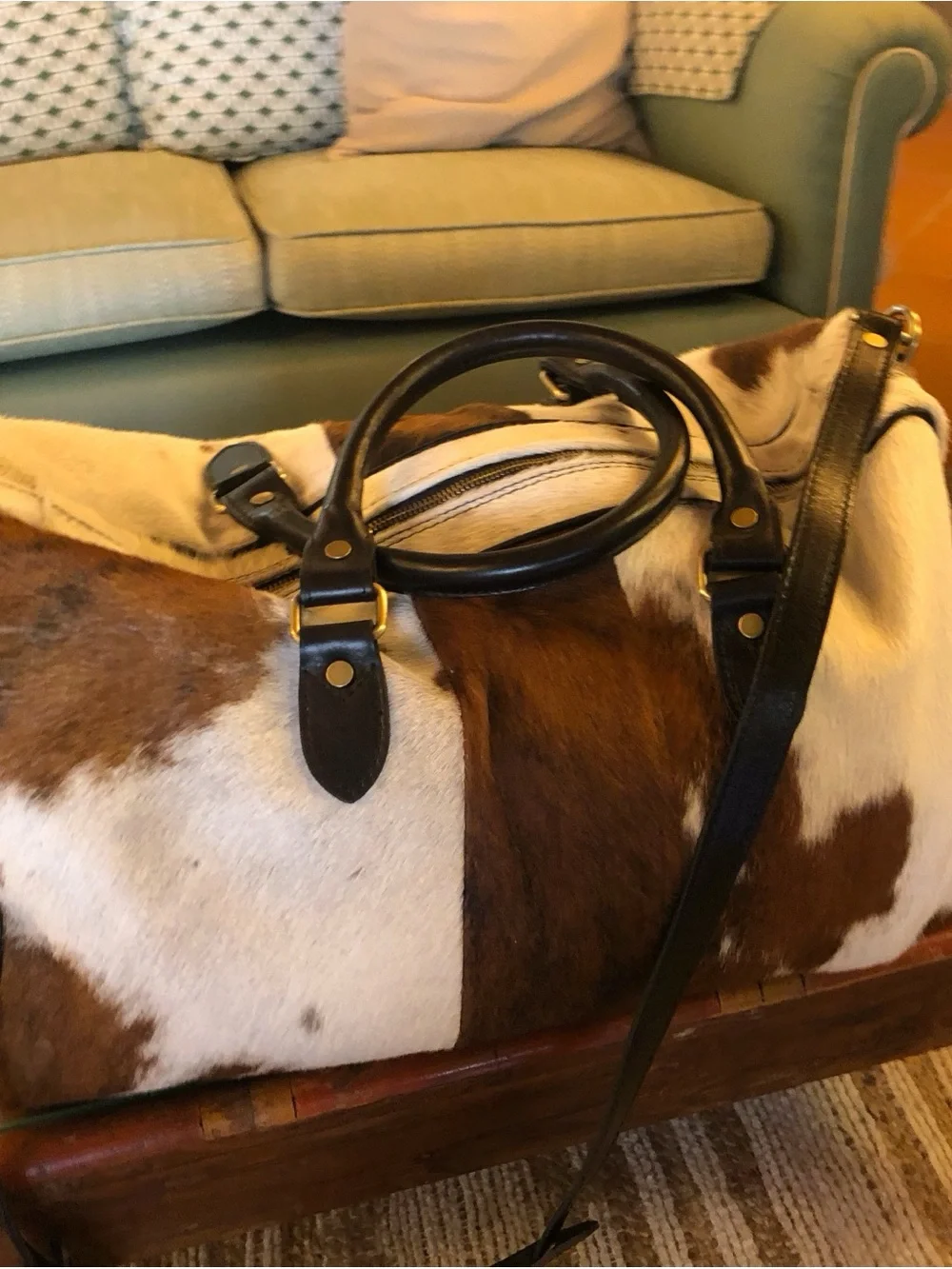 Italian Italy Brown and White Cowhide Leather Men’s Duffle Shoulder Bag
